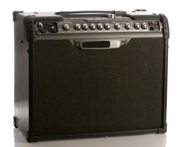 Guitar amp or amplifier with reflection on white background