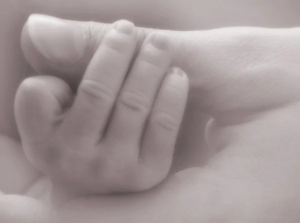 Mor och nyfödda barn händer — Stockfoto