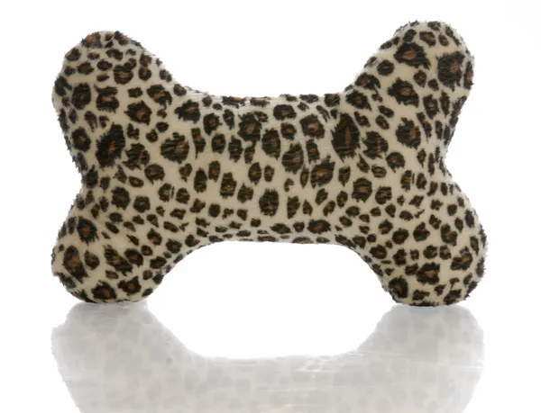 Leopardo estampado hueso de perro de peluche con reflexión sobre fondo blanco — Foto de Stock