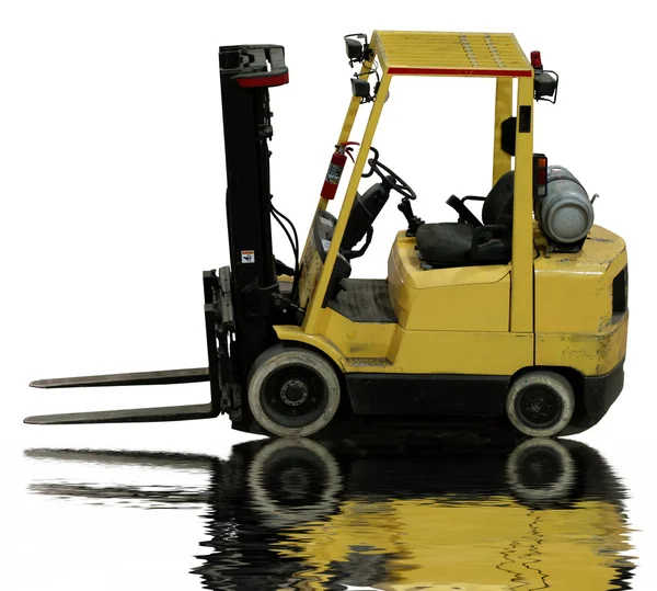 Empty industrial forklift with reflection in water — Stock Photo, Image