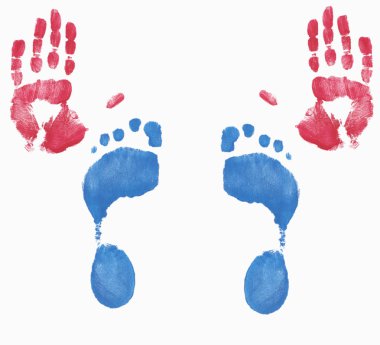 iki kırmızı elleri ve ayakları mavi fingerpainted