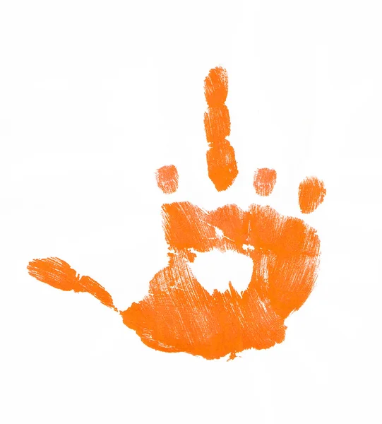 Orange finger painted hand giving the flip sign — Stock Photo, Image