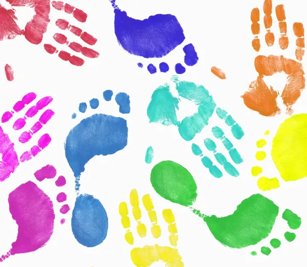 Multi colored finger painted hand and footprint pattern — Stock Photo, Image