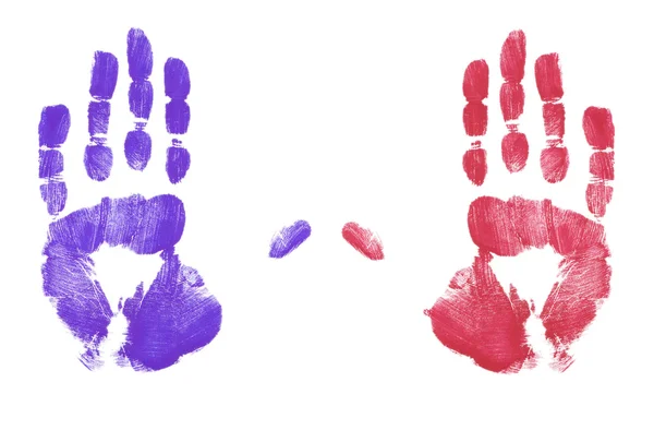 Huellas de manos pintadas con dedos rojo y azul — Foto de Stock