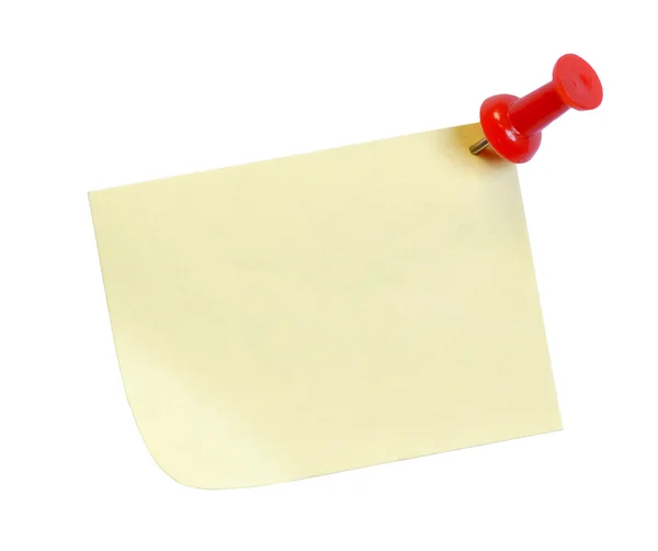 Yellow post it note with tack isolated on white — Stock Photo, Image