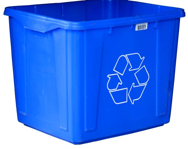 Beyaz arka plan üzerinde izole mavi çöp kutusu — Stok fotoğraf