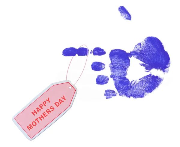 Happy mothers day tag from blue painted hand print — Stock Photo, Image