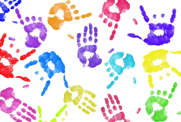 Multi colored expressive hand print background on white — Stock Photo, Image