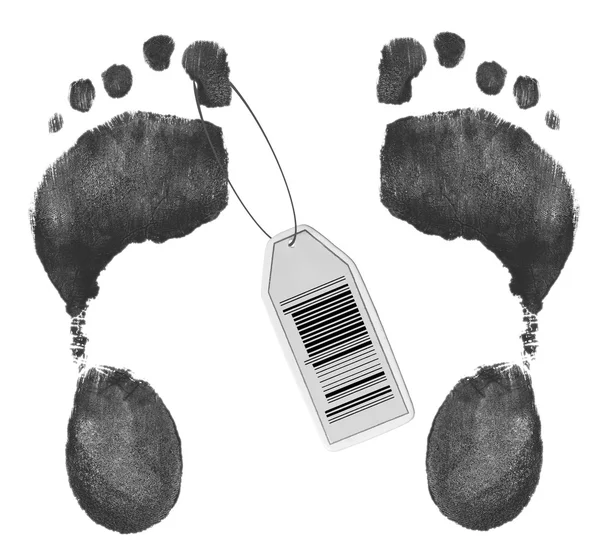 Toe tag with barcode on foot prints — Stock Photo, Image