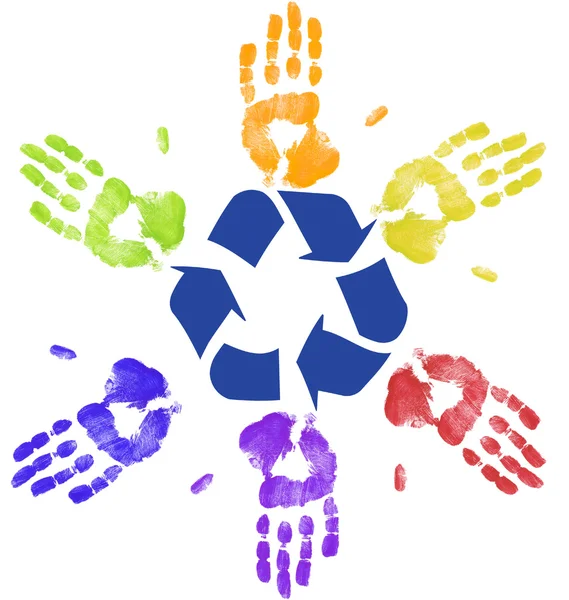 Many colorful hands recycling on community or global level — Stock Photo, Image