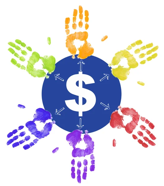 Colorful hand prints dividing up the money and taking their share — Stock Photo, Image