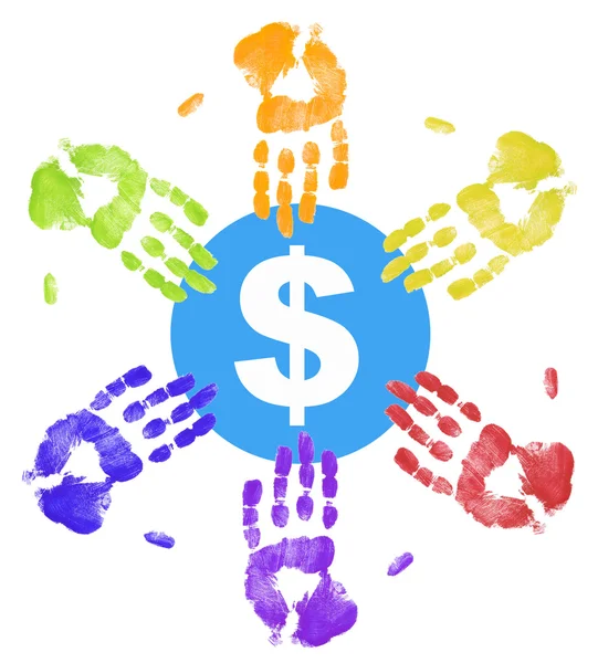 Many colored hand prints all reaching out for the money — Stock Photo, Image