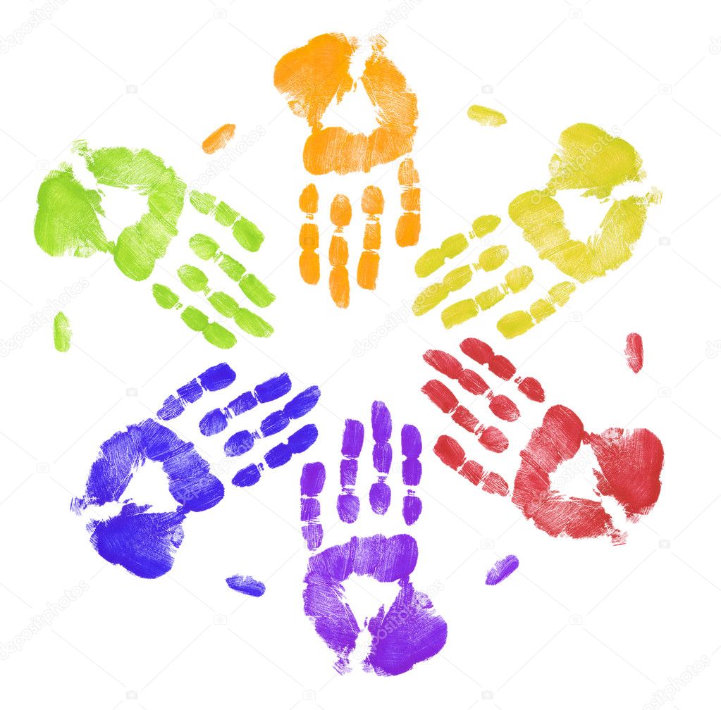 bright colored hand prints working together