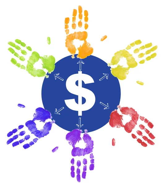 Färgglada hand skriver att dela upp pengarna och tar deras andel — Stockfoto