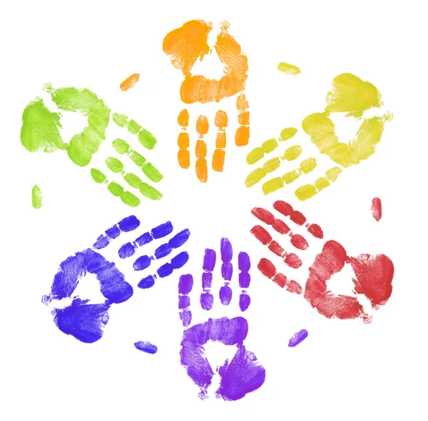 Bright colored hand prints working together — Stock Photo, Image