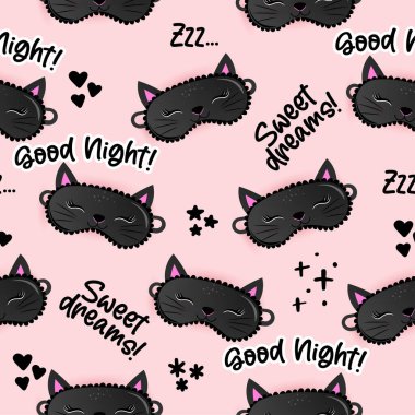 Uyuyan maske siyah kedi iyi geceler, tatlı rüyalar ve zzz... mesaj - komik karalama, kusursuz desen. Uyku maskesi, yıldızlar, kalpler. Çizgi film arkaplanı, yatak örtüsü dokusu, pijama.