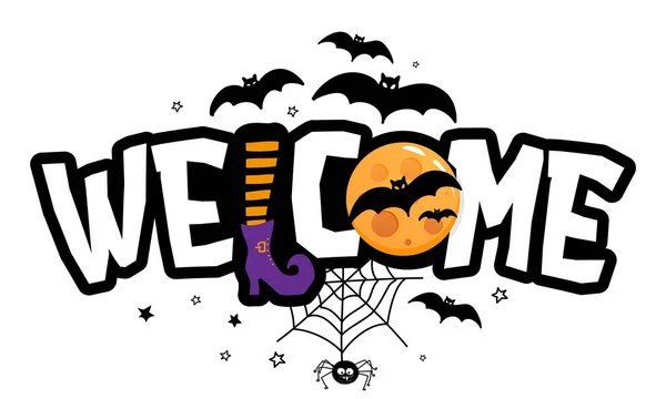 Bem Vindo Citação Halloween Fundo Branco Com Uma Aranha Pendurada — Vetor de Stock