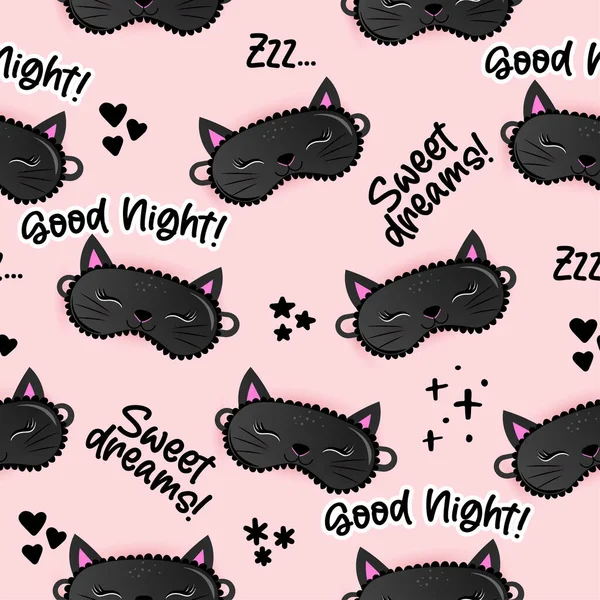 Спящая Маска Черная Кошка Плетет Узор Спокойной Ночи Сладкие Сны — стоковый вектор