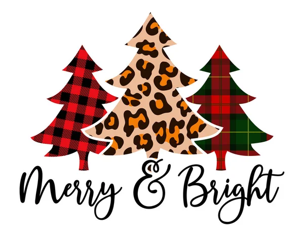 Merry Bright Tekst Tartan Plaid Wzór Lampart Teksturowane Choinki Tekst — Wektor stockowy