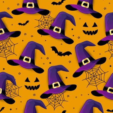 Cute Witch hat seamless pattern with spider web for Halloween. Cute doodle design. Jack o lantern set. funny hand drawn doodle, textile graphic design. wallpaper, wrapping paper, background. vector Cute Witch hat seamless pattern with spider web for Halloween. Cute doodle design. Jack o lantern set. funny hand drawn doodle, textile graphic design. wallpaper, wrapping paper, background. vector