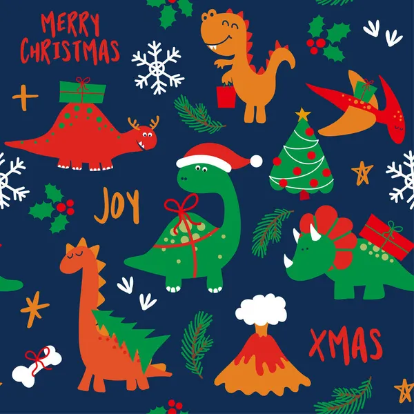 可爱的圣诞恐龙 可敬的霸王龙和三角龙 为孩子们手工画的涂鸦 适用于纺织品 咆哮的字眼 圣诞礼物包装纸 — 图库矢量图片