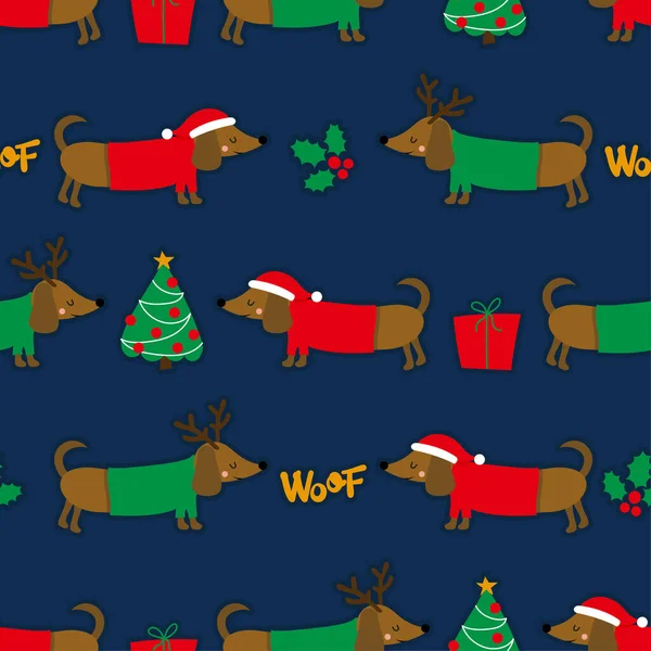 可爱的圣诞腊肠图案 可爱的腊肠狗字符 为孩子们手工画的涂鸦 适用于纺织品 胡言乱语圣诞礼物包装纸 — 图库矢量图片