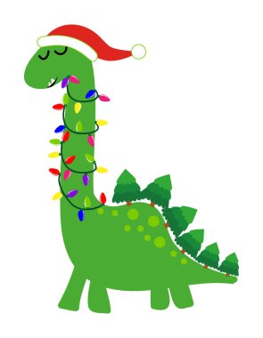 Noel Dinozoru, Noel ışıklarına dolanmış şirin bir dinozor, komik bir el çizimi, Noel Baba şapkalı bir karikatür dinozor. Vektör el çizimi illüstrasyon. Mutlu Noeller.