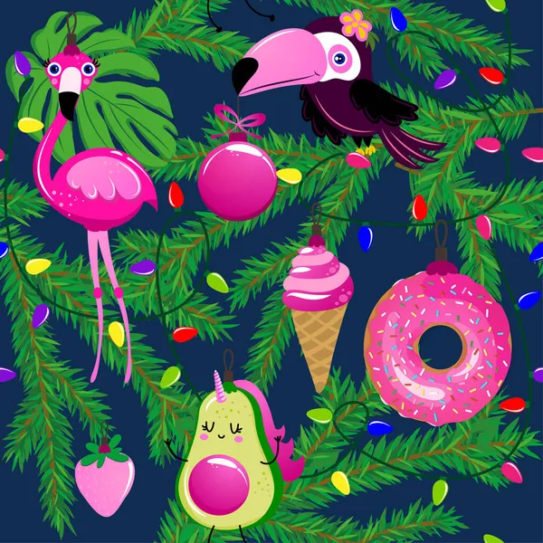 かわいいクリスマス7月のパターンで 愛らしいフラミンゴ ドーナツ アボカドの文字 子供のための手描きのドアセット 保育園 服のために良い メリークリスマスギフト包装紙 — ストックベクタ