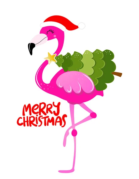Frohe Weihnachten Kalligraphie Phrase Für Weihnachten Mit Niedlichen Flamingo Mädchen — Stockvektor