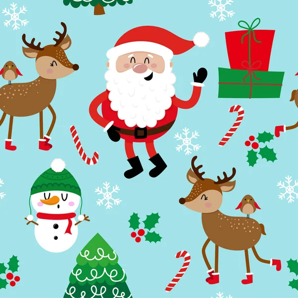 Cute Christmas Pattern Santa Snowman Deer Adorable Xmas Characters Hand — Stock Vector