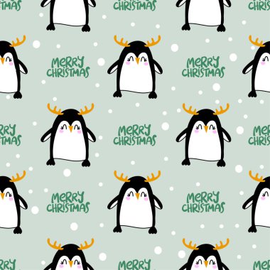 Ren geyiği boynuzları olan penguen desenli tasarım. Komik el çizimi, pürüzsüz desen. Poster ya da tişört tekstil grafik tasarımı. Xmas duvar kağıdı, ambalaj kağıdı, ambalaj, arkaplan.
