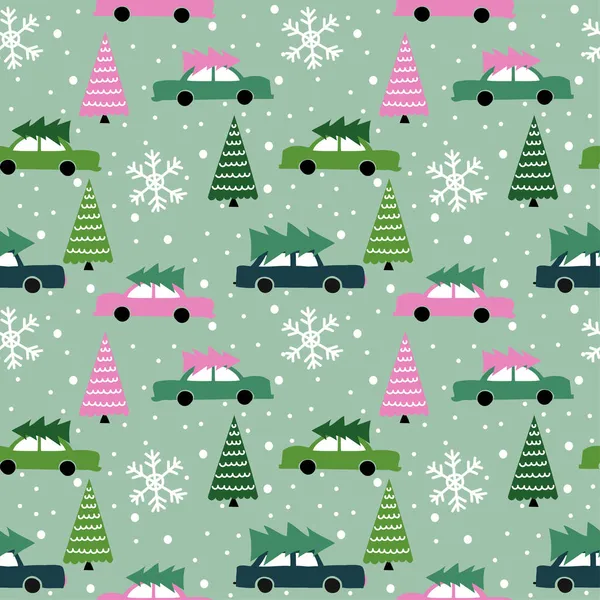 可爱的圣诞车无缝图案 可爱的圣诞松树送货车 为孩子们手工画的涂鸦 适用于纺织品 圣诞礼物包装纸 — 图库矢量图片