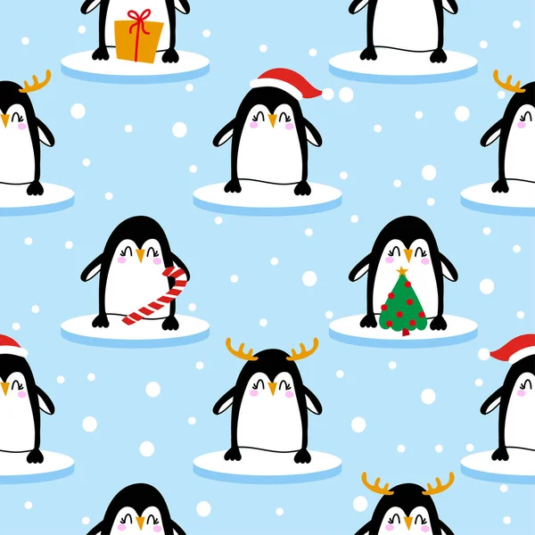 企鹅图案设计与几只企鹅 滑稽手绘涂鸦 无缝图案 出租海报或T恤衫 纺织品图案设计 圣诞墙纸 包装纸 包装材料 — 图库矢量图片