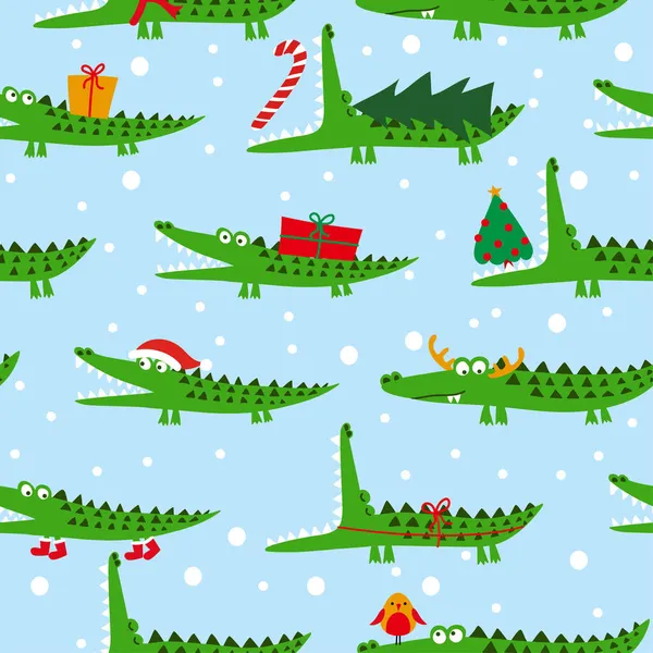 圣诞鳄鱼图案设计与几个鳄鱼 滑稽手绘涂鸦 无缝图案 可敬的圣诞人物 为孩子们手工画的涂鸦 适合纺织 — 图库矢量图片