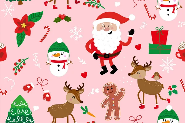 可爱的圣诞图案与圣诞老人 雪人和鹿 可爱的圣诞人物 为孩子们手工画的涂鸦 适合纺织 圣诞礼物包装纸 — 图库矢量图片