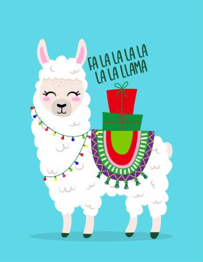 Fa la la la Llama - Hediyelerin arkasındaki komik Lama. Lama 'nın çizimleri basılacak. Noel partisi için sevimli bir poster, tişörtler için iyi bir hediye, kupa ya da diğer baskı tasarımları için. Kış pijama dekorasyonu.