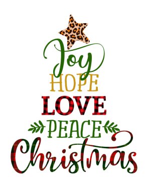 Joy Hope barış dolu Noel 'i sever - Noel ağacı şeklinde kaligrafi cümlesi. Noel tebrik kartları, davetiyeler için el yazması mektuplar. Oduncu ya da flanel bufalo desenli tırnak..