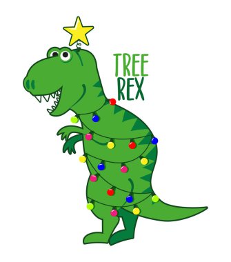 Ağaç Rex, şirin Noel dinozorları. Sevimli T-Rex karakteri. Çocuklar için el çizimi karalama seti. Tekstil, kreş, duvar kâğıdı, elbise için iyi..