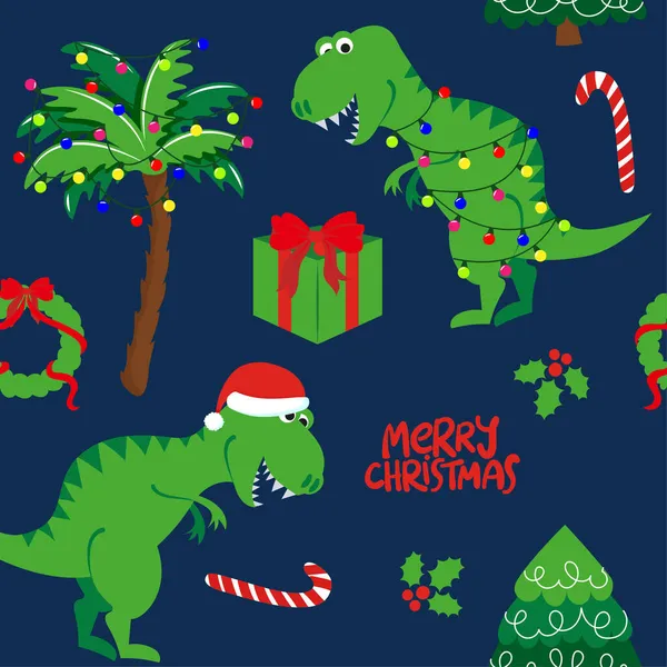 可爱的圣诞恐龙 可敬的霸王龙和三角龙 为孩子们手工画的涂鸦 适用于纺织品 咆哮的字眼 圣诞礼物包装纸 — 图库矢量图片