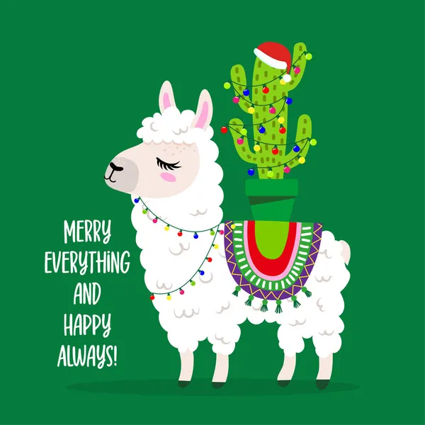 快乐的一切 快乐的永远 有趣的美洲驼在礼物的背面 Llama涂鸦画 圣诞派对的海报很不错 适合做T恤衫的礼物 杯子或平面设计 冬季帕贾马装饰 — 图库矢量图片