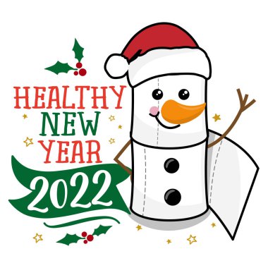 Sağlıklı bir yeni yıl 2022 tuvalet kağıdı rulolarından yapılmış bir kardan adam. Kapalı Noel süsü 2020 'yi anmak için mükemmel bir yoldur. Kendini karantinaya alma zamanı için yazı yazan bir tipografi posteri. Kilitlenme.