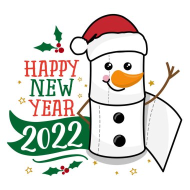Mutlu yıllar 2022, tuvalet kağıdı rulolarından yapılmış kardan adam. Kapalı Noel süsü 2020 'yi anmak için mükemmel bir yoldur. Kendini karantinaya alma zamanı için yazı yazan bir tipografi posteri. Kilitlenme.