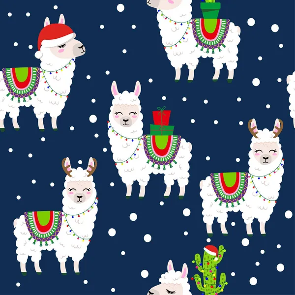 Weihnachtliches Lama Muster Mit Mehreren Alpakas Lustiges Handgezeichnetes Doodle Nahtloses — Stockvektor