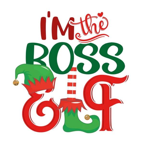 Boss Elf Phrase Christmas Clothes Ugly Sweaters Hand Drawn Lettering — Stock Vector