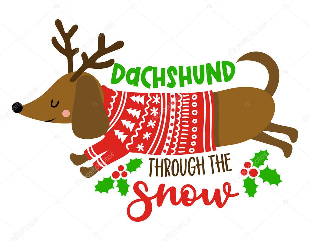 Dachshund through the snow - Calligraphy phrase for Christmas. Hand drawn lettering for Xmas greeting cards, invitation. Good for t-shirt, mug, gift, printing press. Adorable dachshund dog.