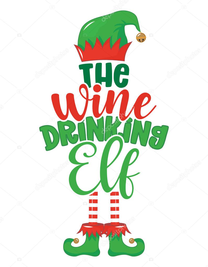 The wine drinking elf - phrase for Christmas clothes or ugly sweaters. Hand drawn lettering for Xmas greetings cards, invitations. Good for t-shirt, mug, gift tag, printing press. Little Elf.