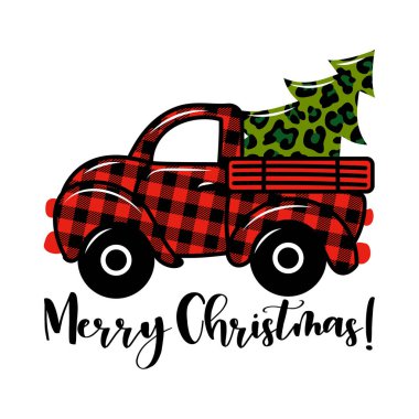 Mutlu Noeller, Noel için kaligrafi. Noel tebrik kartları, davetiyeler için mektup. Tişört, kupa, hediye, matbaa için iyi. Bizon ekoseli pikap bir leopar xmas ağacı taşır..