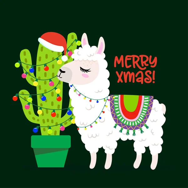 Frohe Weihnachten Lustiges Llama Mit Kaktus Weihnachtsmütze Lama Doodle Zeichnung — Stockvektor