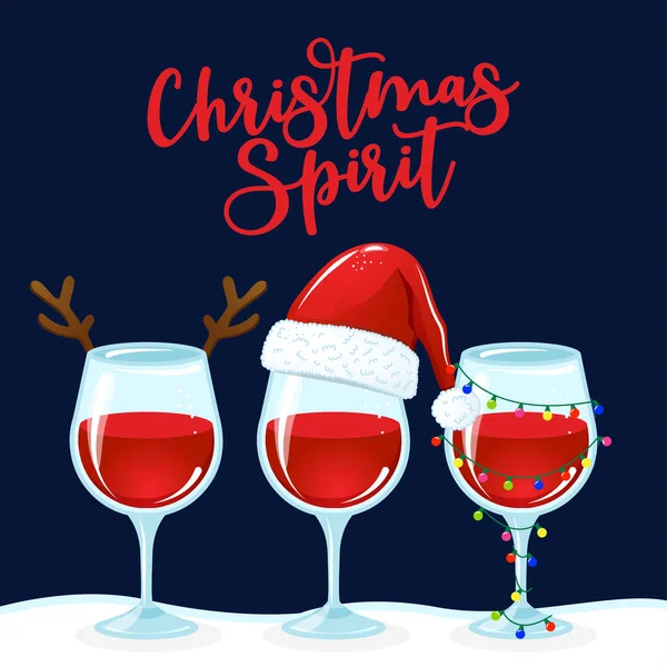 Espírito Natal Três Copos Vinho Vinho Chapéu Santa Luz Natal — Vetor de Stock