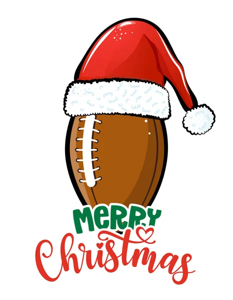 Wesołych Świąt Ręcznie Rysowane Rugby Ball Ilustracja Santa Kapelusz Piękny — Wektor stockowy
